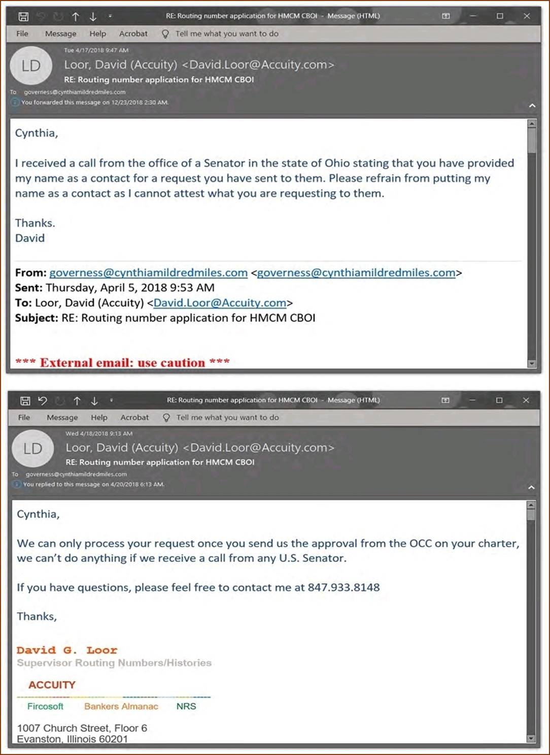 Accuity emails to Cynthia Mildred Miles about her central bank. ALL COPYRIGHT AND PUBLICITY RIGHTS EXPRESSLY RESERVED BY CYNTHIA MILDRED MILES; ABSOLUTELY NO COPIES OR DISTRIBUTIONS ALLOWED.