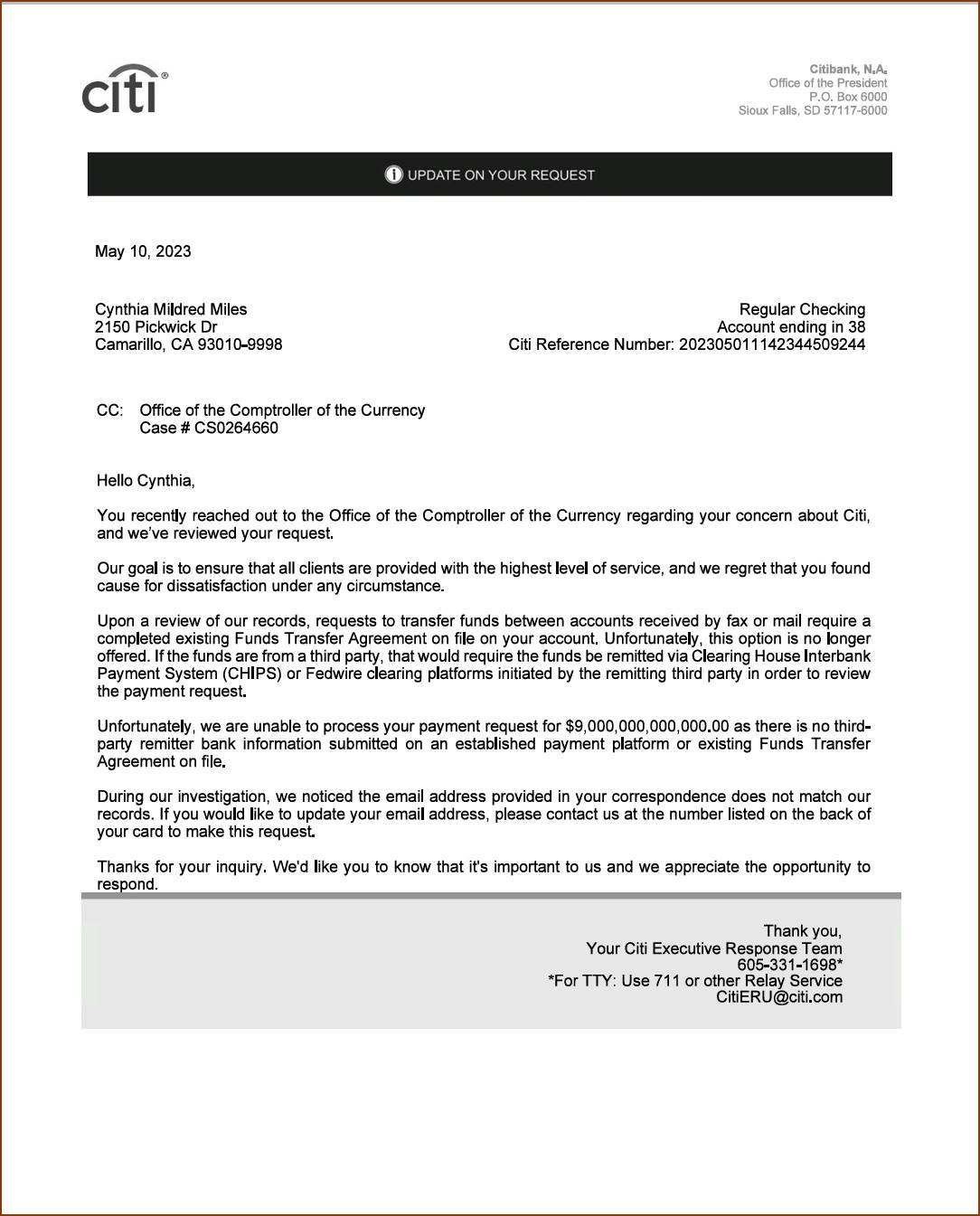 Citibank President letter to Cynthia Mildred Miles, acknowledging her nine-trillion US dollars. ALL COPYRIGHT AND PUBLICITY RIGHTS EXPRESSLY RESERVED BY CYNTHIA MILDRED MILES; ABSOLUTELY NO COPIES OR DISTRIBUTIONS ALLOWED.